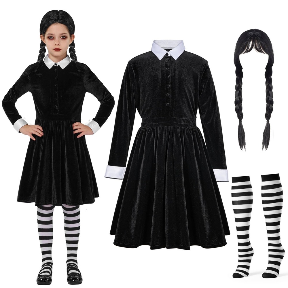 Spooktacular Creations Dark Girl Costume Youth M Black Velvet Dress Wig Socks